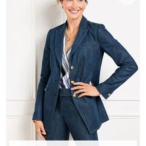 Talbots Refined Blue Denim Blazer With Gold Buttons 8